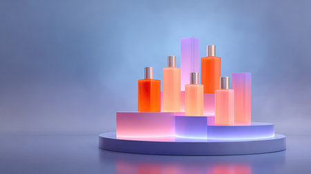 A captivating arrangement of colorful liquid bottles on a sleek podium, creating an elegant and modern visual for beauty, fashion, or advertising purposes.の素材