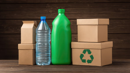 This image showcases eco-friendly packaging options, featuring a green plastic container, a water bottle, and various cardboard boxes on a wooden surface. Perfect for sustainability themes.の素材