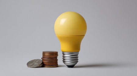A vibrant yellow light bulb stands next to organized stacks of coins, symbolizing the intersection of energy efficiency, financial planning, and responsible living in today's environment.の素材
