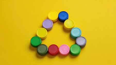 A striking arrangement of colorful plastic bottle caps in a triangle shape against a vivid yellow backdrop, perfect for projects emphasizing creativity and sustainability.の素材