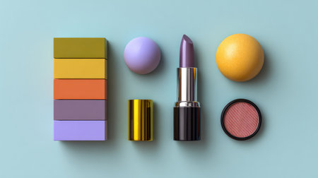 This vibrant arrangement of makeup products on a soft blue background showcases a variety of beauty essentials, perfect for enhancing creativity and style in makeup routines.の素材