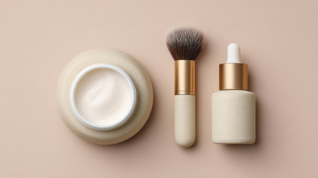 Discover an elegant arrangement of beauty products, including cream, serum, and brush, on a soft neutral background, perfect for conveying wellness and minimalist skincare themes.の素材