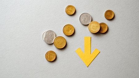 A creative image featuring scattered golden coins on a neutral surface, complemented by a downward pointing arrow, representing financial decline and the complexities of investment decisions.の素材