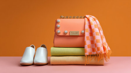 This vibrant composition features a stylish handbag, cozy scarf, soft blankets, and trendy shoes arranged against a bold orange backdrop, perfect for fashion and lifestyle themes.の素材