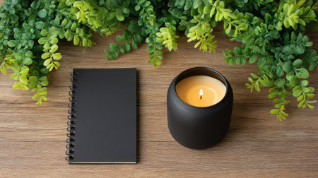 A tranquil and stylish setup featuring a black notebook beside a warm scented candle, surrounded by vibrant greenery, perfect for serene work or relaxation moments.の素材