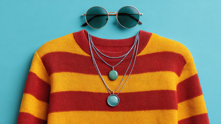 A captivating flat lay of a colorful striped sweater, fashionable layered necklaces, and chic sunglasses, perfect for showcasing a playful and stylish look against a bright blue backdrop.の素材