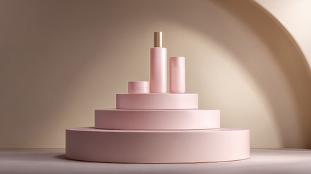 Stylish arrangement of skincare products on pink pedestals set against a soft background, showcasing modern aesthetics perfect for beauty advertising and marketing campaigns.の素材