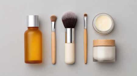 An artistic arrangement of beauty and skincare products showcases the essentials for a refreshing routine. Ideal for aesthetic inspirations in beauty and wellness.の素材