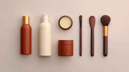 An aesthetically pleasing arrangement of cosmetic products and tools on a beige background, ideal for showcasing beauty and skincare themes in online stores and marketing materials.の素材