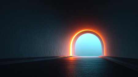 This striking image features a mysterious tunnel leading to a glowing exit, surrounded by fog and darkness, symbolizing hope and adventure in a surreal landscape.の素材