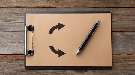 A clipboard displaying recycling arrows with a black pen on a wooden table, symbolizing eco-friendly practices and organizational efficiency in a business setting.の素材