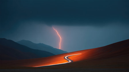 A captivating image of a winding road illuminated on a stormy evening, showcasing a dramatic lightning strike over mountainous terrain amidst moody clouds.の素材