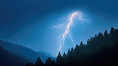 A stunning depiction of a thunderstorm featuring a bright lightning strike illuminating a serene mountainous forest, showcasing the fierce beauty of nature.の素材
