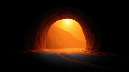 A captivating view of a curved road leading through a tunnel, with a warm glow of sunset illuminating the entrance, creating an enchanting outdoor atmosphere.の素材