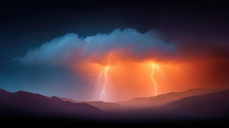 Captivating view of lightning striking over distant hills under a moody sky at dusk, capturing the fierce beauty and energy of a storm in nature.の素材