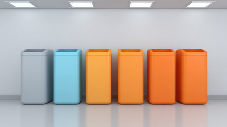 A vibrant array of waste bins in a modern indoor environment, highlighting the importance of recycling and waste management with a playful and colorful design.の素材