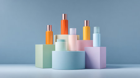 A visually appealing arrangement of colorful cosmetic containers atop geometric shapes, showcasing modern beauty products against a soothing blue background for professional marketing use.の素材