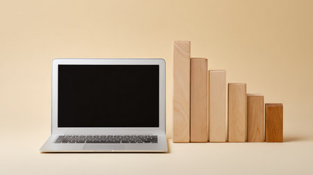 A minimalist workspace featuring a sleek laptop beside a series of wooden blocks, illustrating growth and progress. Ideal for business, technology, and financial contexts.の素材