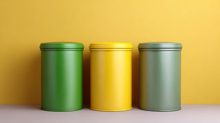 Stylish canisters in green, yellow, and grey offer a modern touch to any kitchen or home. Perfect for organizers and decorative accents against a bright backdrop.の素材