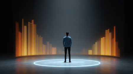 A stunning visual captures a lone figure in a dark environment, surrounded by glowing soundwave designs, blending technology and art in a captivating portrayal of human experience.の素材