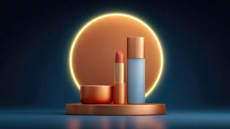 Discover a captivating arrangement of cosmetic essentials featuring a lipstick, cream jar, and sleek bottle, all set against a glowing circular backdrop, perfect for beauty and fashion promotions.の素材