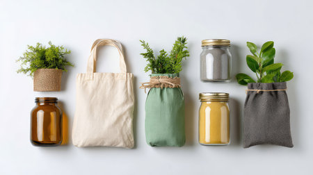A visually appealing setup featuring bags, jars, and plants that showcases a commitment to sustainability in a minimalist home dの素材