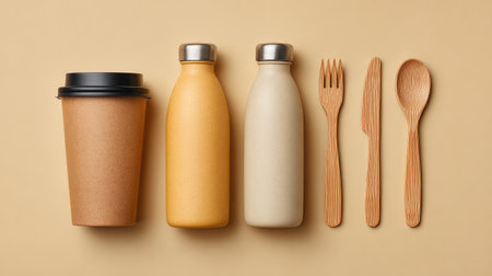 This image features a stylish, eco-friendly table setting with a coffee cup, two reusable drink bottles, and wooden utensils, perfect for promoting sustainability and modern dining.の素材