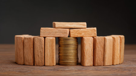 This image depicts wooden blocks creating a protective barrier around a stack of coins, illustrating themes of financial security, investment, and strategic planning in a minimalist setting.の素材
