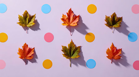 A playful arrangement of colorful autumn leaves atop a pastel background with geometric circles. This artistic composition highlights nature's beauty and creativity.の素材