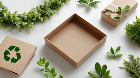 A beautifully arranged flat lay featuring eco-friendly packaging materials, including recycled cardboard boxes, green leaves, and natural decor, perfect for sustainable gifts.の素材