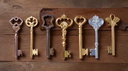 This image features a stunning collection of vintage decorative keys displayed on a rustic wooden surface, highlighting their unique designs and elegant style.の素材
