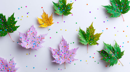 A stunning arrangement of colorful leaves adorned with craft decorations, set against a light background, perfect for seasonal decor and creative inspiration.の素材