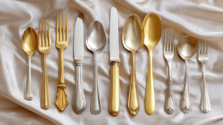 This image showcases a beautiful array of vintage cutlery laid out on soft satin fabric, highlighting the elegance and intricate designs of gold and silver utensils.の素材