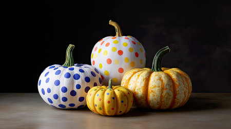 A stunning arrangement of colorful polka dot pumpkins in various sizes create a charming display. Perfect for autumn decor and Halloween festivities, this image captures seasonal joy.の素材