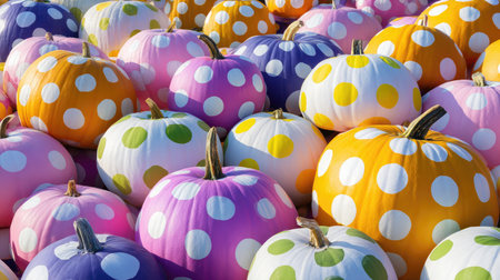 An enchanting array of polka dot pumpkins in shades of orange, purple, pink, and white creates a whimsical ambiance, perfect for enhancing autumn decor and celebrations.の素材