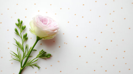 A serene pink flower with green stems rests on a white surface adorned with golden dots, perfect for decorative use in various elegant settings and floral arrangements.の素材