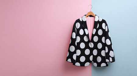 This image features a stylish black and white polka dot jacket elegantly hanging against a pastel pink and blue backdrop, highlighting modern fashion and design.の素材