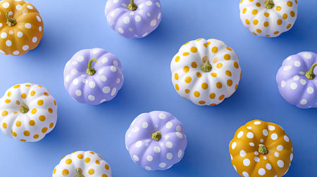 A beautiful arrangement of colorful polka dot pumpkins in shades of purple, white, and orange on a blue surface, perfect for autumn-themed decoration and seasonal festivities.の素材