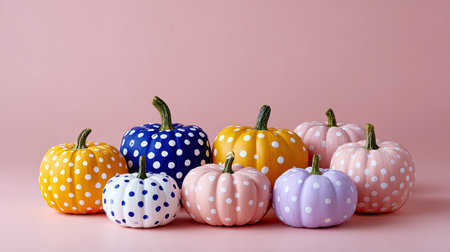A delightful arrangement of polka dot pumpkins in various colors against a soft pink background. Ideal for seasonal decor or festive projects. Perfect for fall themes.の素材