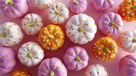 This captivating image showcases an arrangement of colorful decorative pumpkins with polka dots resting on a soft pink background, perfect for autumn themes.の素材