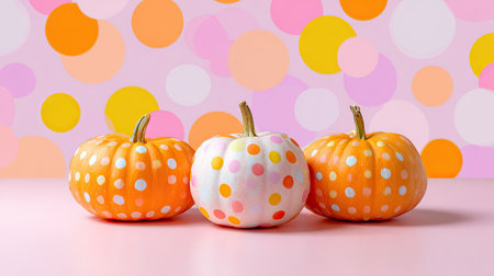 Three colorful pumpkins with bright polka dots sit against a playful, pastel dot background, perfect for autumn decoration, seasonal celebrations, and festive events.の素材