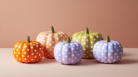 A charming display of colorful polka dot pumpkins in various pastel shades set against a soft background, ideal for autumn decor and seasonal inspiration.の素材