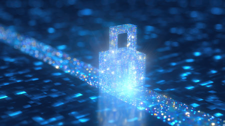 A vibrant digital lock stands out against a network of illuminated data particles, symbolizing cyber security and the importance of protecting digital information.の素材