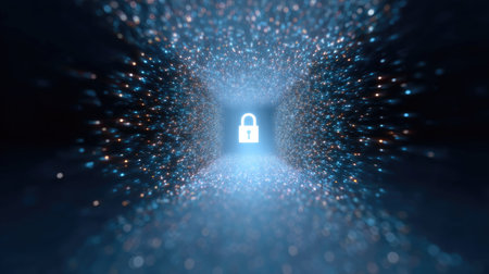 This abstract image depicts a glowing lock at the end of a particle-filled tunnel, representing digital security and data protection in the technological realm.の素材