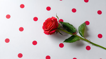 A stunning red rose rests elegantly on a white background embellished with red polka dots. This image captures the essence of love and beauty, ideal for various creative projects.の素材