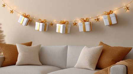 Create a festive ambiance with elegant Christmas decorations featuring gift boxes and star accents, perfectly arranged on a cozy couch, enhancing holiday spirit.の素材