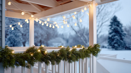 A beautiful winter scene featuring a cozy porch adorned with glowing lights and festive garland, surrounded by snow, creating a serene and inviting atmosphere.の素材