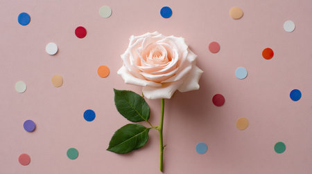 A beautiful pink rose is placed thoughtfully on a soft pink surface, surrounded by colorful dots. This charming composition brings elegance and freshness, ideal for various creative projects.の素材