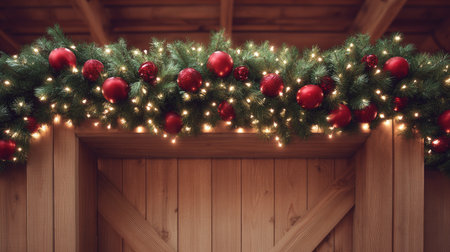 A beautifully arranged Christmas garland featuring vibrant red ornaments and twinkling lights adds warmth and charm to any rustic wooden setting, evoking festive cheer.の素材