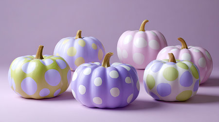 A delightful arrangement of pastel-colored pumpkins adorned with polka dots on a soft background, perfect for adding a playful touch to any autumn or holiday decor.の素材